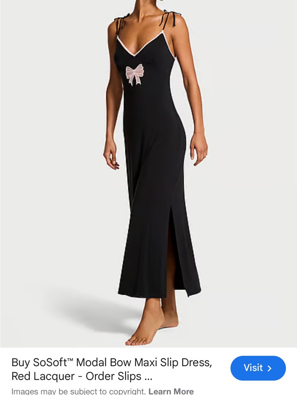 Victoria’s Secret Modal Bow Maxi Slip Dress in Black with Pink Bow Size Medium